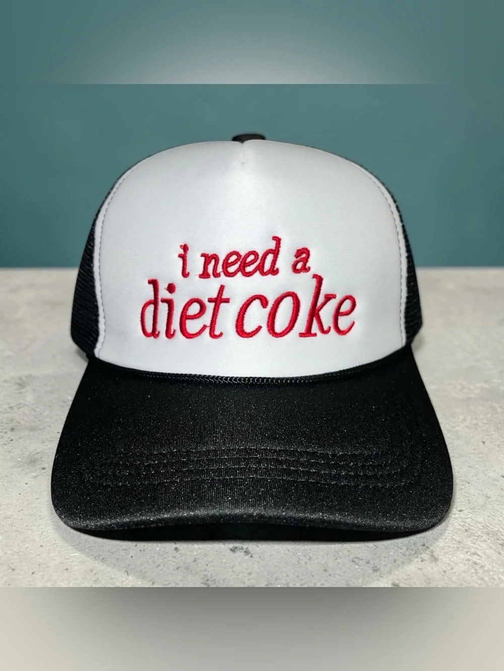 White & Black Trucker Hat with Red 